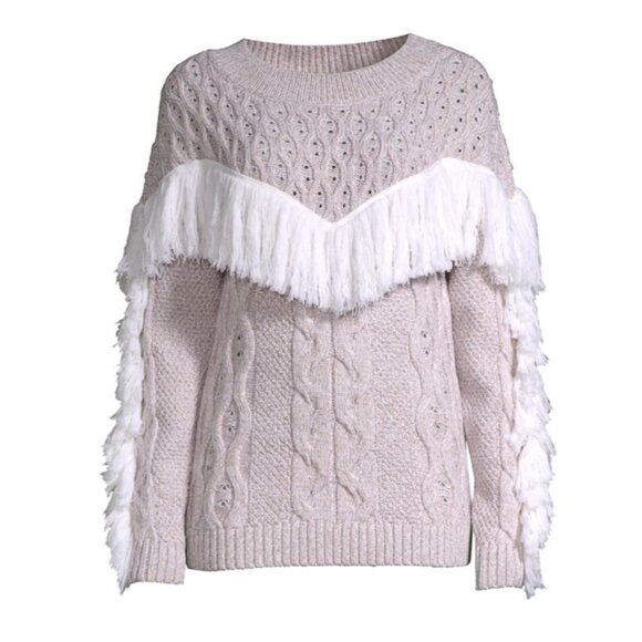 Amur Ulla Fringe Merino Wool Cable Knit Sweater With Fringe Detail Beige Sz Medi - Picture 13 of 15